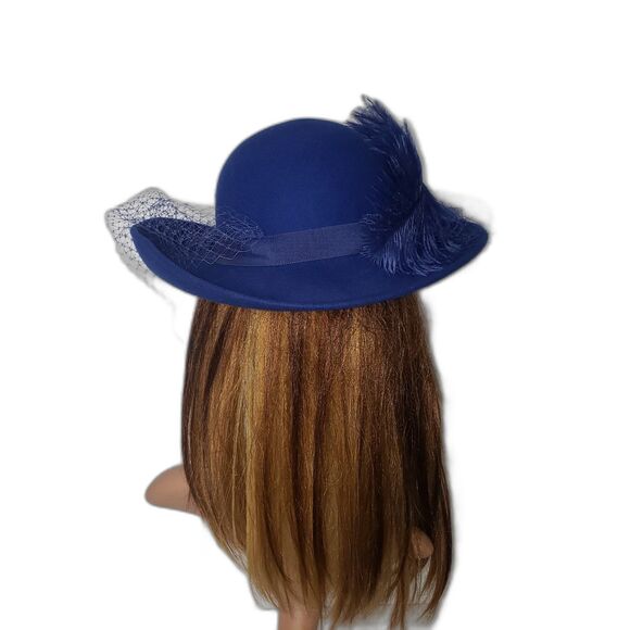 Vintage Michael Howard Hat Wool Wide Brim Feather Veil Womens Blue 80s main image 5